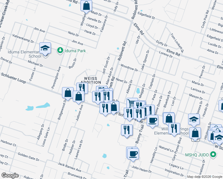 map of restaurants, bars, coffee shops, grocery stores, and more near 4504 Deek Drive in Killeen