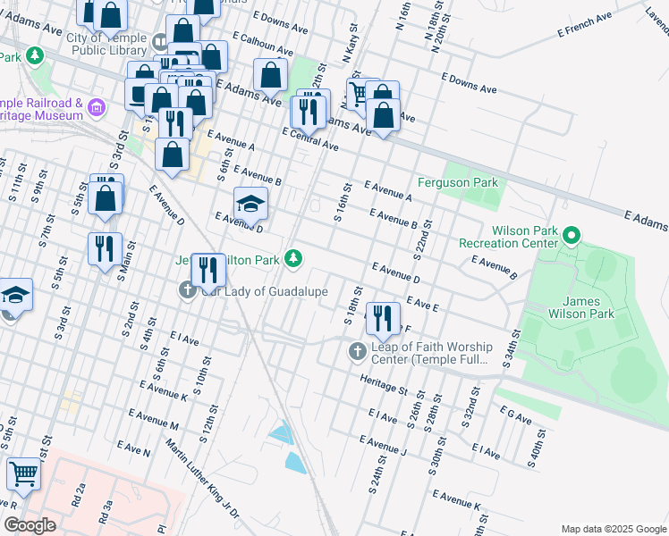 map of restaurants, bars, coffee shops, grocery stores, and more near 508 South Knob Street in Temple