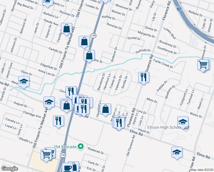 map of restaurants, bars, coffee shops, grocery stores, and more near 3407 Toledo Drive in Killeen