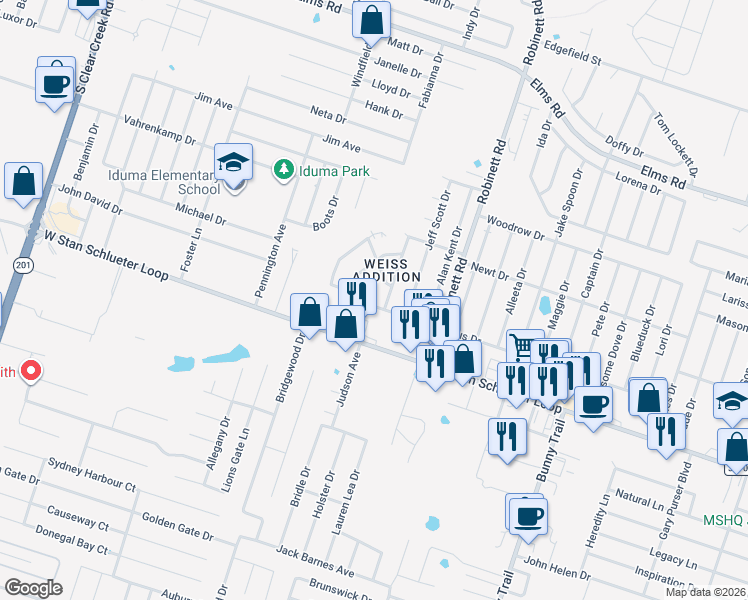 map of restaurants, bars, coffee shops, grocery stores, and more near 4103 Gus Drive in Killeen