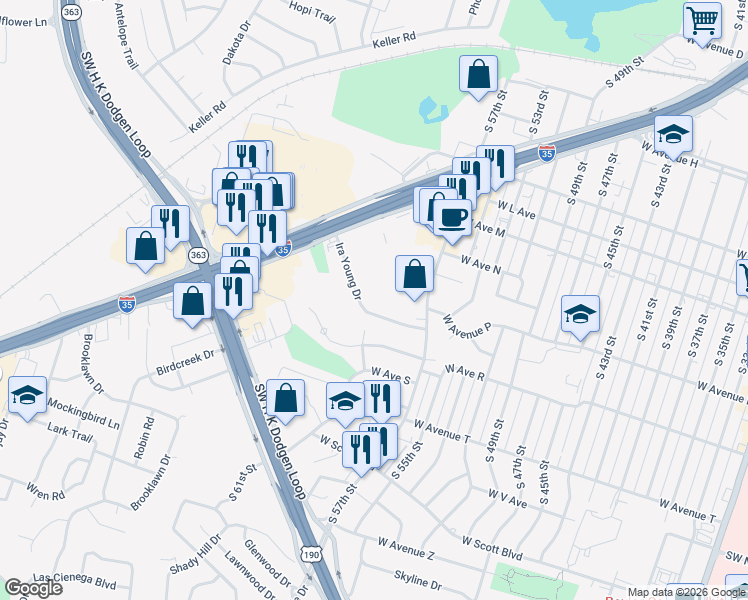 map of restaurants, bars, coffee shops, grocery stores, and more near 3010 Ira Young Drive in Temple