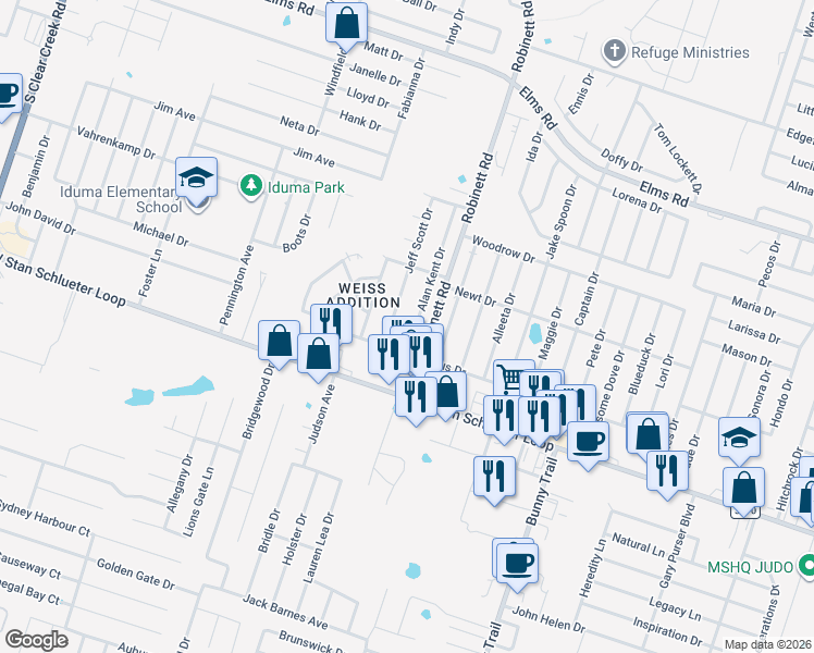 map of restaurants, bars, coffee shops, grocery stores, and more near 4503 Alan Kent Drive in Killeen