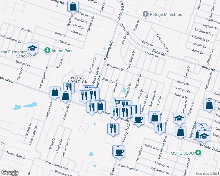 map of restaurants, bars, coffee shops, grocery stores, and more near 4500 July Drive in Killeen