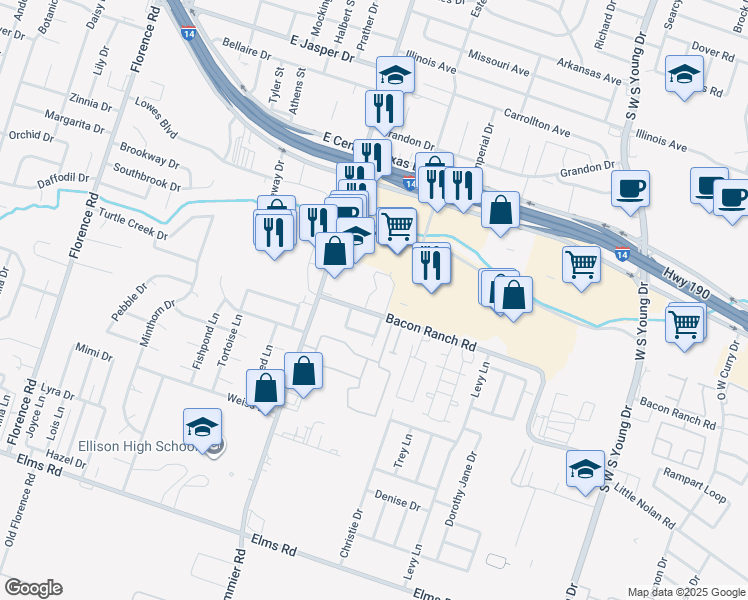 map of restaurants, bars, coffee shops, grocery stores, and more near 1103 Covey Lane in Killeen