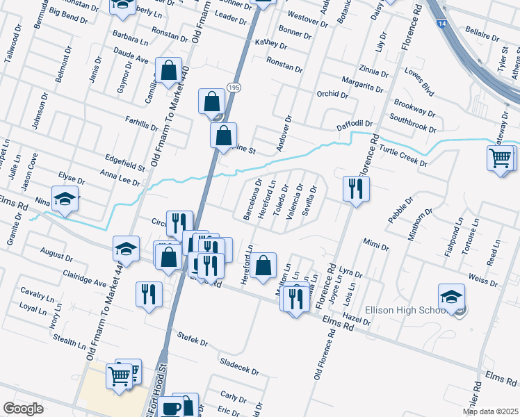 map of restaurants, bars, coffee shops, grocery stores, and more near 3407 Toledo Drive in Killeen
