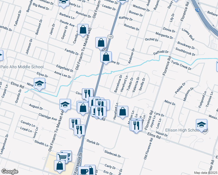 map of restaurants, bars, coffee shops, grocery stores, and more near in Killeen