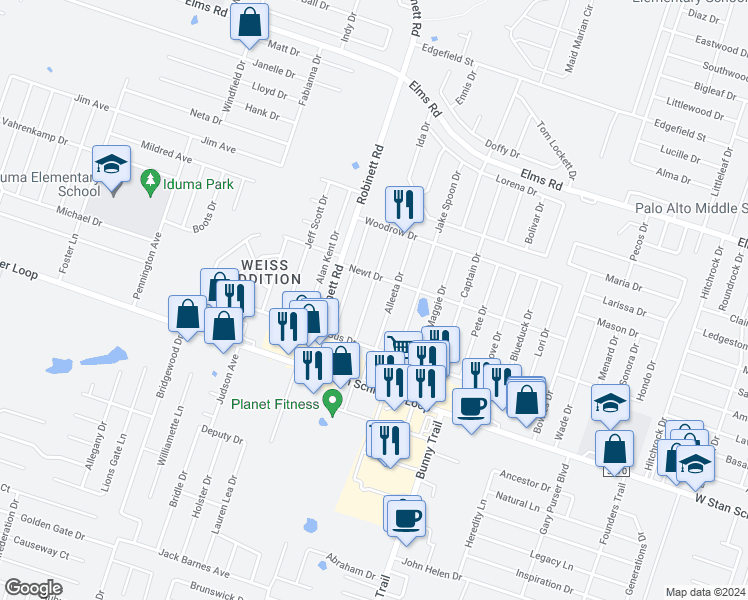 map of restaurants, bars, coffee shops, grocery stores, and more near 4500 July Drive in Killeen