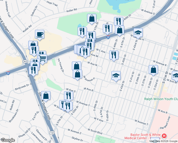 map of restaurants, bars, coffee shops, grocery stores, and more near 2612 West Avenue P in Temple