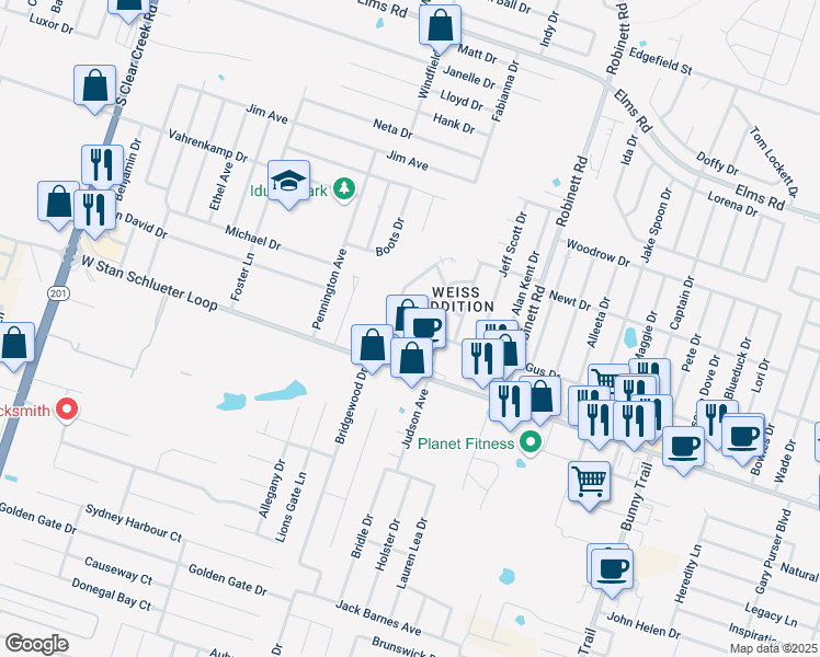 map of restaurants, bars, coffee shops, grocery stores, and more near 4610 West Stan Schlueter Loop in Killeen