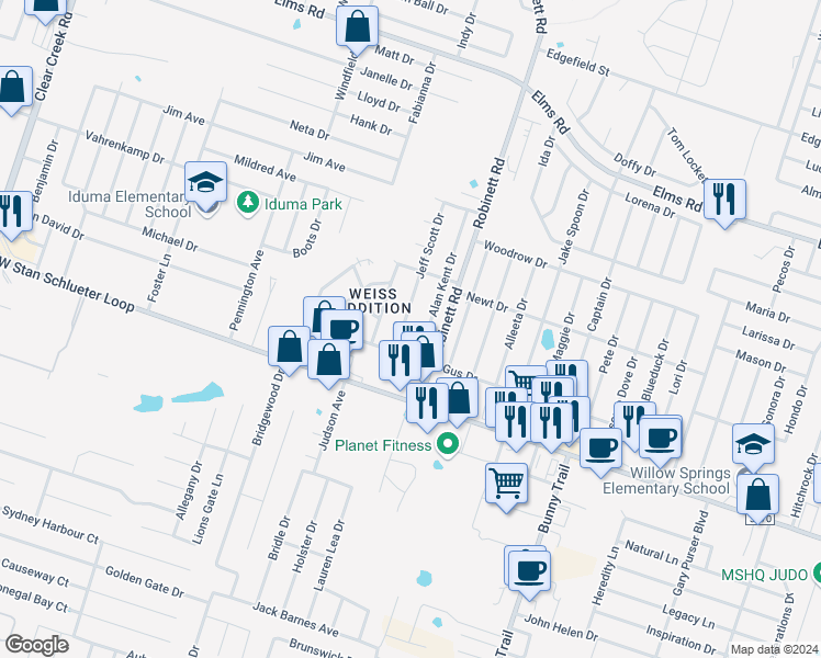 map of restaurants, bars, coffee shops, grocery stores, and more near 4502 Jeff Scott Drive in Killeen