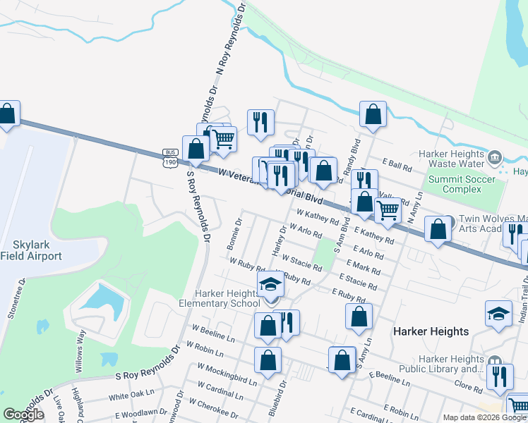 map of restaurants, bars, coffee shops, grocery stores, and more near 212 West Veterans Memorial Boulevard in Harker Heights
