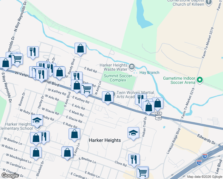 map of restaurants, bars, coffee shops, grocery stores, and more near 210 Turnbo Road in Harker Heights