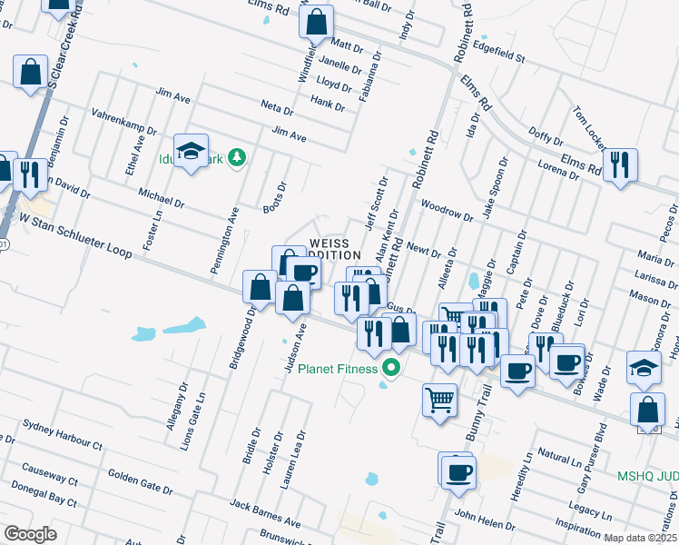 map of restaurants, bars, coffee shops, grocery stores, and more near 4101 Terri Linn in Killeen