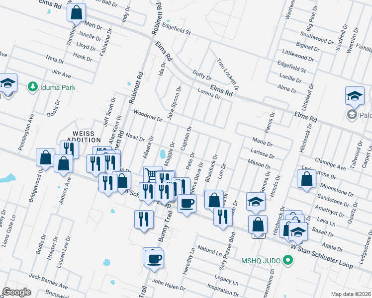 map of restaurants, bars, coffee shops, grocery stores, and more near 4206 Captain Drive in Killeen
