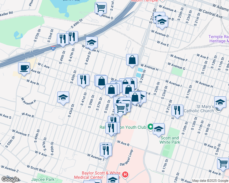 map of restaurants, bars, coffee shops, grocery stores, and more near 1100 South 33rd Street in Temple