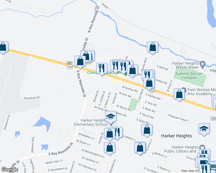 map of restaurants, bars, coffee shops, grocery stores, and more near 212 West Veterans Memorial Boulevard in Harker Heights