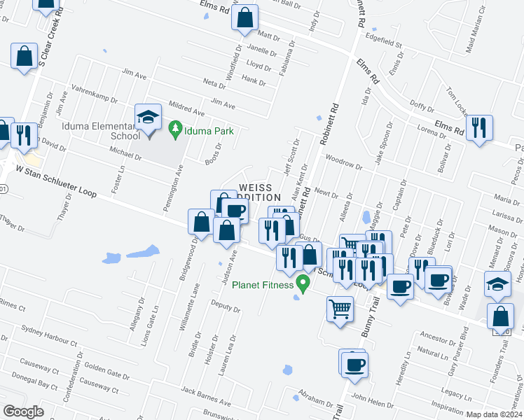 map of restaurants, bars, coffee shops, grocery stores, and more near 4101 Terri Linn in Killeen