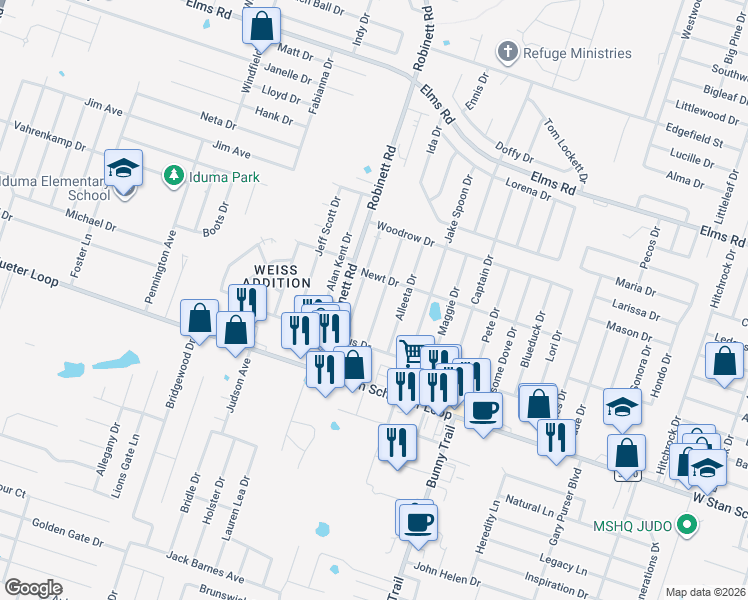 map of restaurants, bars, coffee shops, grocery stores, and more near 4407 July Drive in Killeen