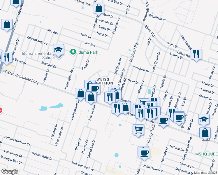 map of restaurants, bars, coffee shops, grocery stores, and more near 4503 Jeff Scott Drive in Killeen