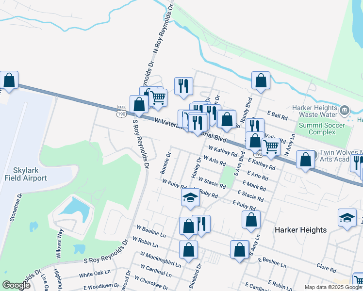 map of restaurants, bars, coffee shops, grocery stores, and more near 402 West Veterans Memorial Boulevard in Harker Heights
