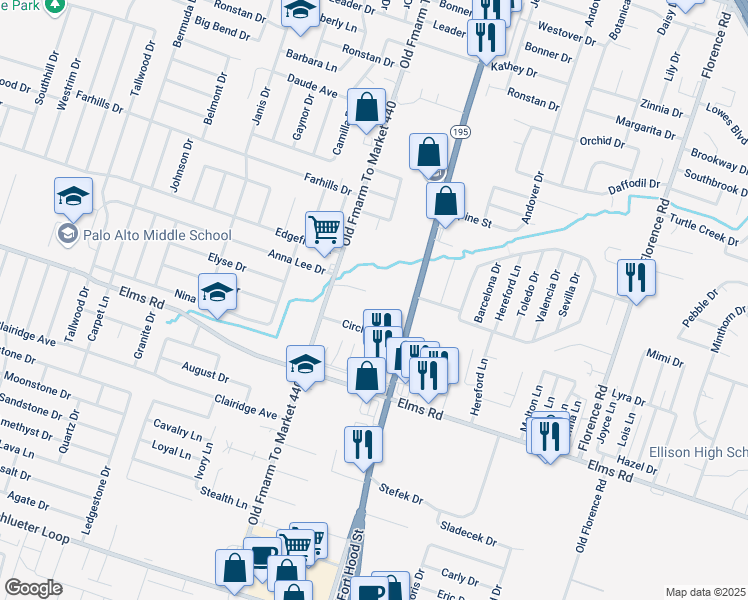 map of restaurants, bars, coffee shops, grocery stores, and more near 1103 Grace Point Drive in Killeen