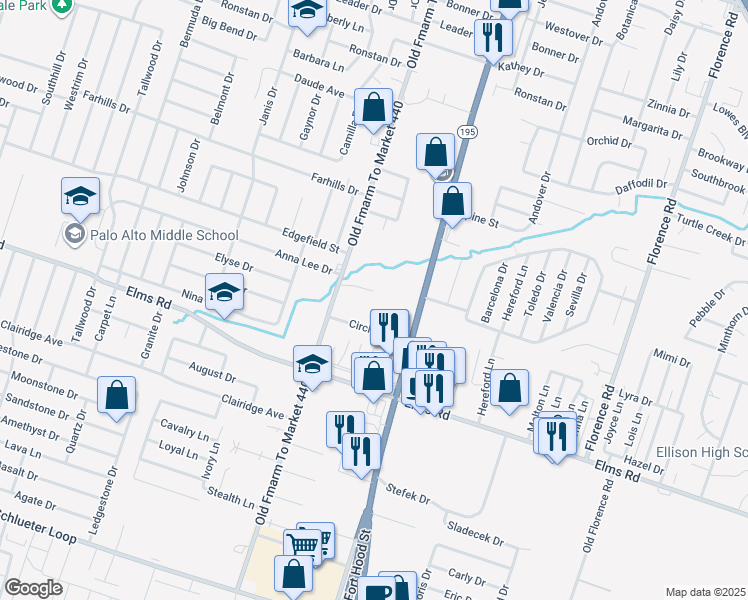 map of restaurants, bars, coffee shops, grocery stores, and more near 1103 Grace Point Drive in Killeen