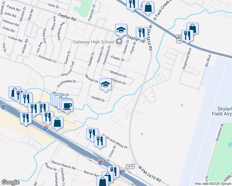 map of restaurants, bars, coffee shops, grocery stores, and more near 3802 Basset Court in Killeen