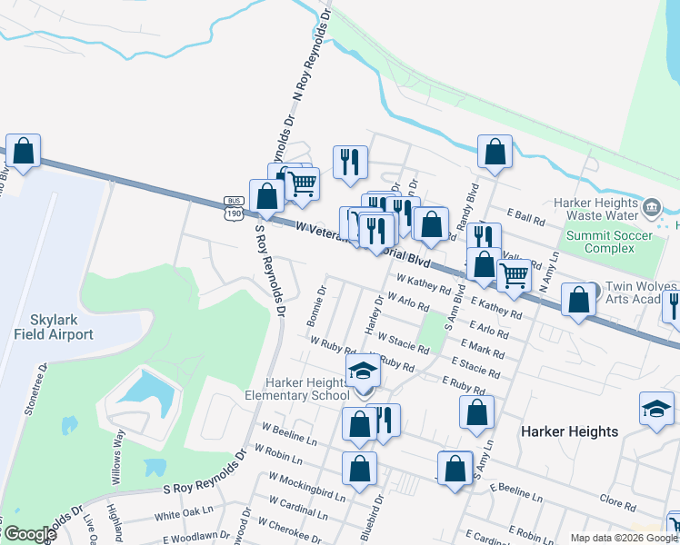 map of restaurants, bars, coffee shops, grocery stores, and more near 402 West Veterans Memorial Boulevard in Harker Heights