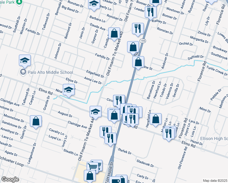 map of restaurants, bars, coffee shops, grocery stores, and more near 1104 Grace Point Drive in Killeen
