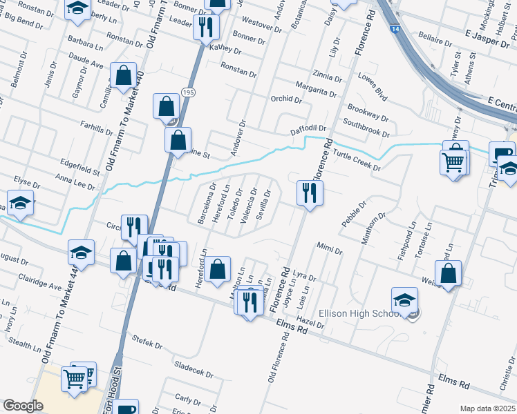 map of restaurants, bars, coffee shops, grocery stores, and more near 3210 Sevilla Drive in Killeen