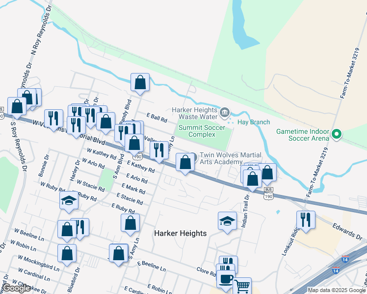 map of restaurants, bars, coffee shops, grocery stores, and more near 210 Turnbo Road in Harker Heights