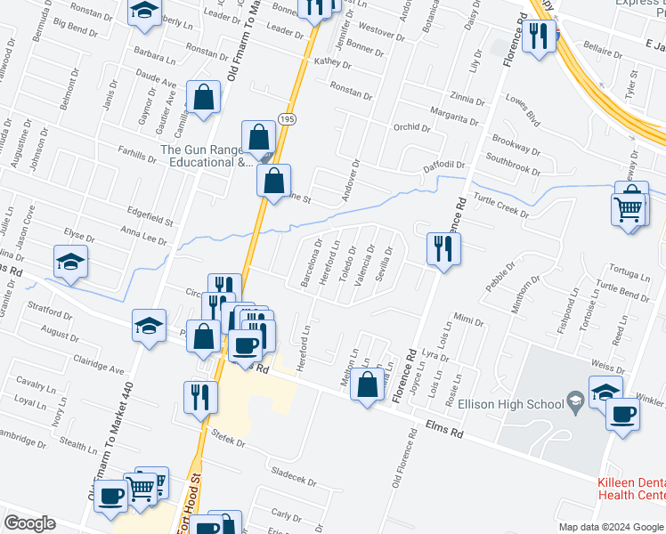 map of restaurants, bars, coffee shops, grocery stores, and more near 3209 Hereford Lane in Killeen