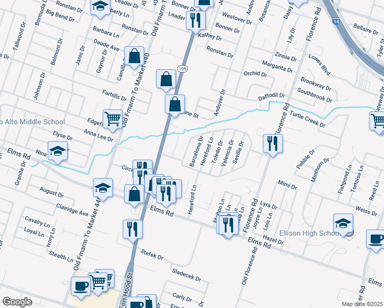 map of restaurants, bars, coffee shops, grocery stores, and more near 2812 Cantabrian Drive in Killeen