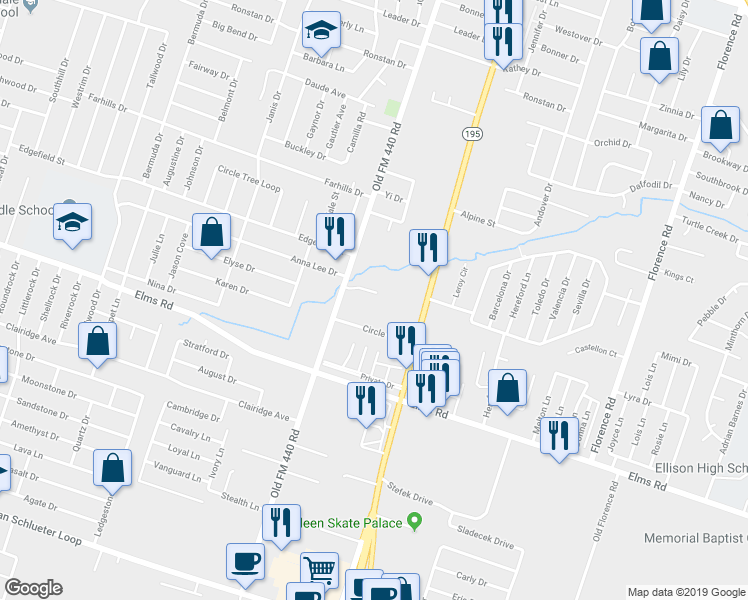 map of restaurants, bars, coffee shops, grocery stores, and more near 1103 Grace Point Drive in Killeen