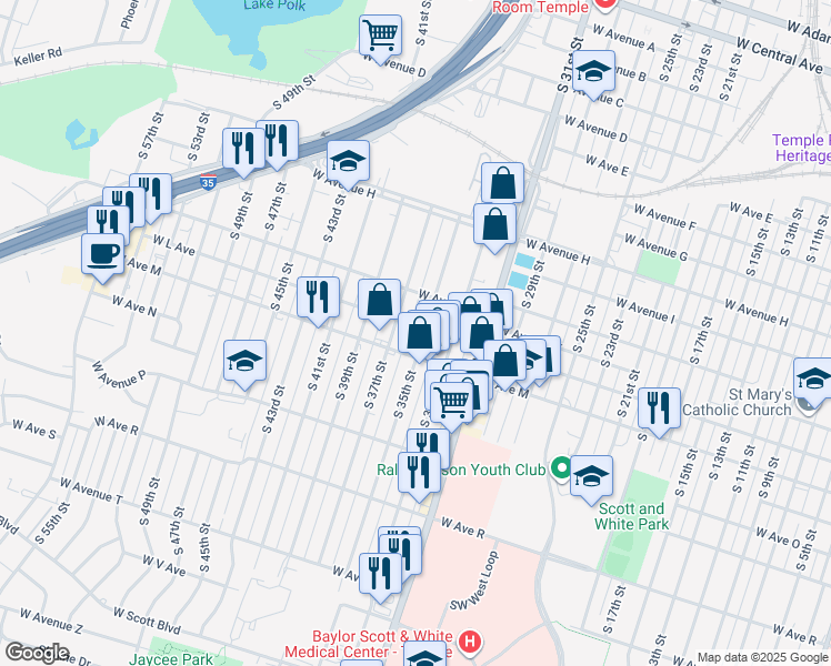 map of restaurants, bars, coffee shops, grocery stores, and more near 1818 West L Avenue in Temple