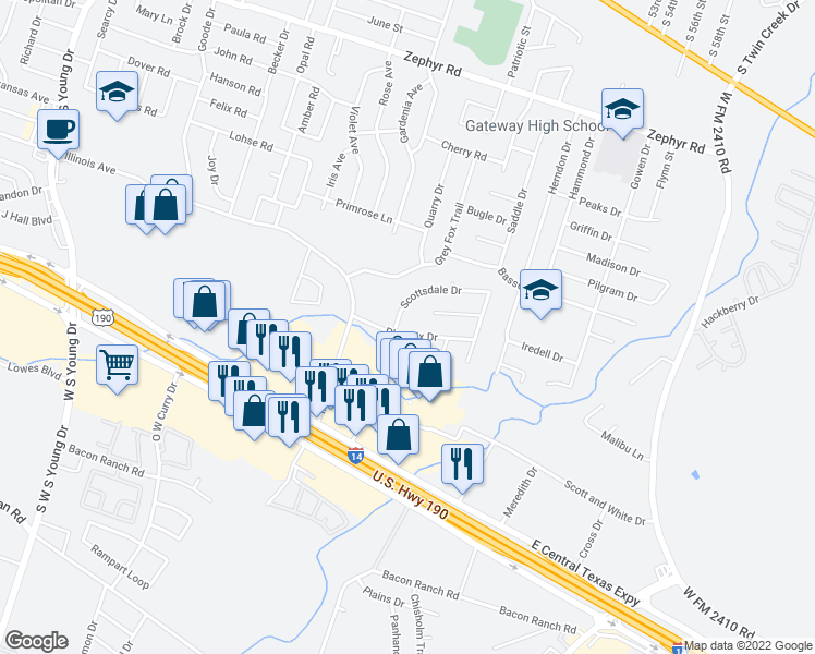 map of restaurants, bars, coffee shops, grocery stores, and more near 2804 Scottsdale Drive in Killeen