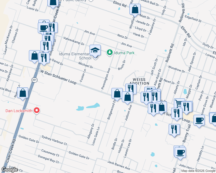 map of restaurants, bars, coffee shops, grocery stores, and more near 4602 Pennington Avenue in Killeen