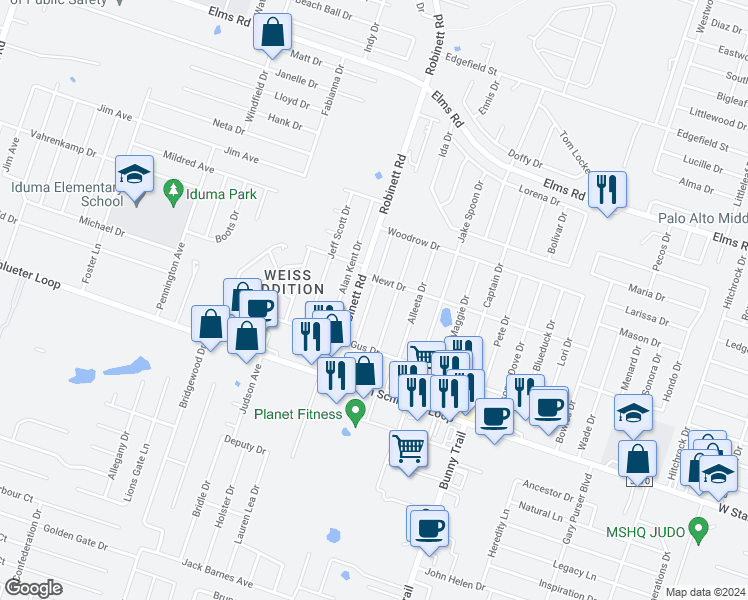 map of restaurants, bars, coffee shops, grocery stores, and more near 4404 Deek Drive in Killeen