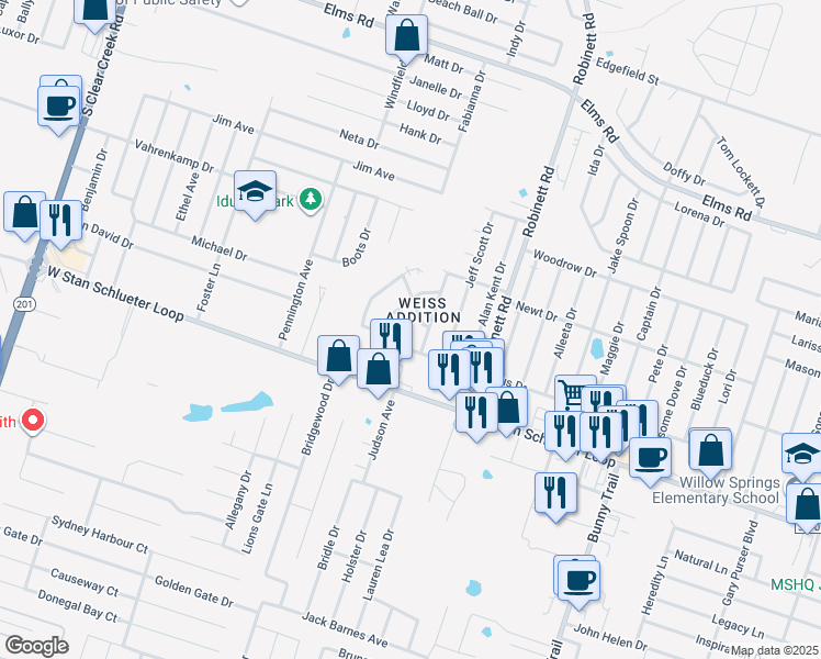map of restaurants, bars, coffee shops, grocery stores, and more near 4102 Terri Linn in Killeen