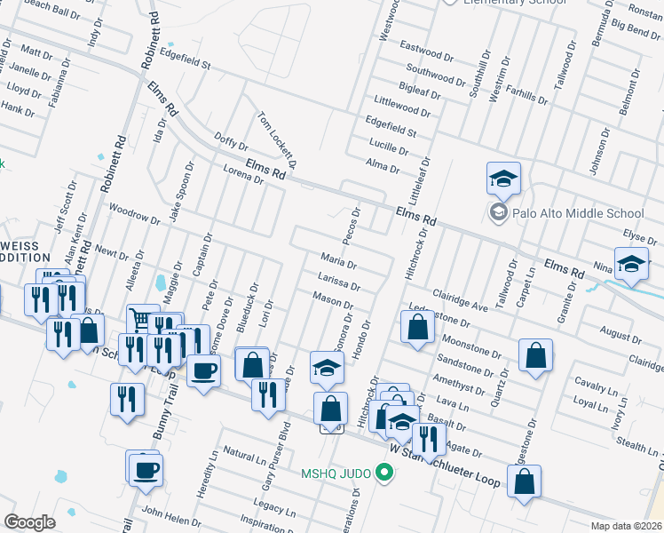 map of restaurants, bars, coffee shops, grocery stores, and more near 2803 Maria Drive in Killeen