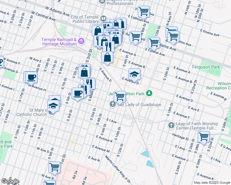 map of restaurants, bars, coffee shops, grocery stores, and more near 516 South 6th Street in Temple