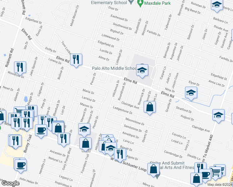 map of restaurants, bars, coffee shops, grocery stores, and more near 3904 Hitchrock Drive in Killeen