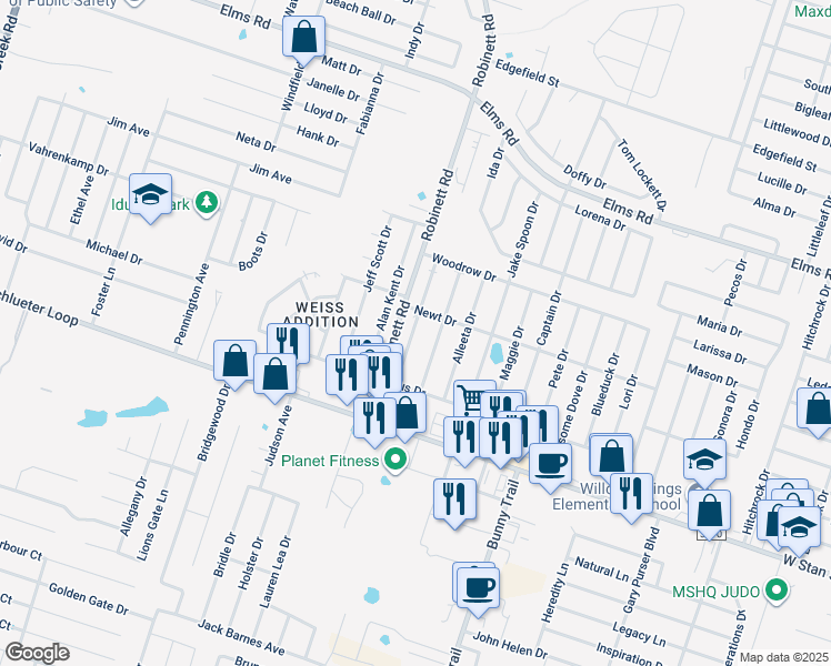 map of restaurants, bars, coffee shops, grocery stores, and more near 4403 Deek Drive in Killeen