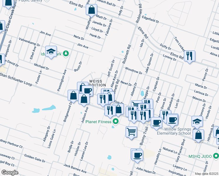 map of restaurants, bars, coffee shops, grocery stores, and more near 4408 Jeff Scott Drive in Killeen