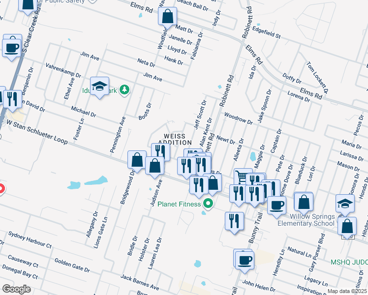 map of restaurants, bars, coffee shops, grocery stores, and more near 4101 Terri Linn in Killeen