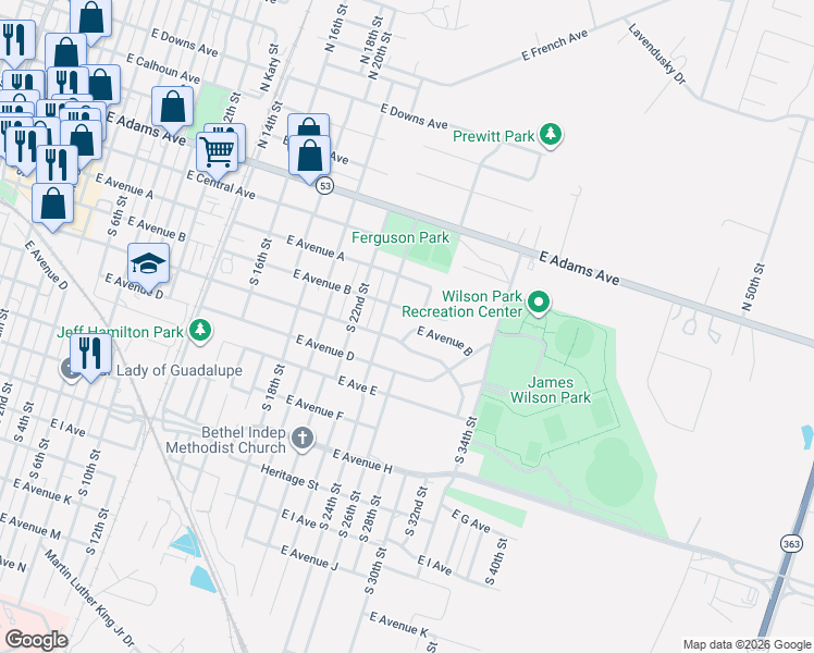 map of restaurants, bars, coffee shops, grocery stores, and more near 208 South 26th Street in Temple