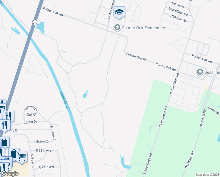 map of restaurants, bars, coffee shops, grocery stores, and more near Unnamed Road in Temple