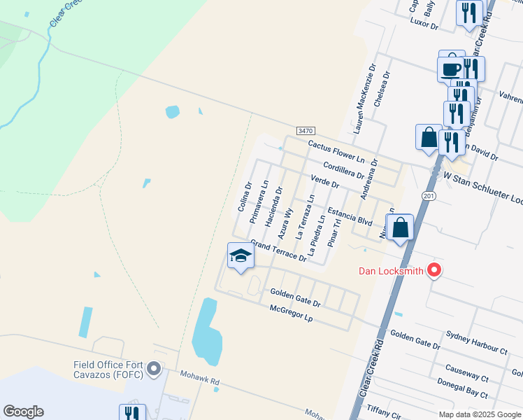 map of restaurants, bars, coffee shops, grocery stores, and more near 5107 Hacienda Drive in Killeen