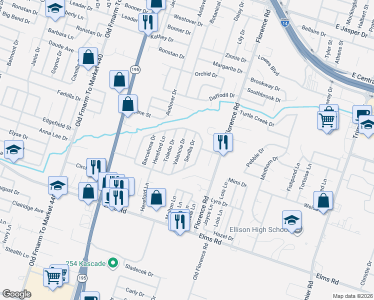 map of restaurants, bars, coffee shops, grocery stores, and more near 3210 Sevilla Drive in Killeen