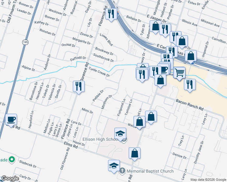 map of restaurants, bars, coffee shops, grocery stores, and more near 3203 Pebble Drive in Killeen
